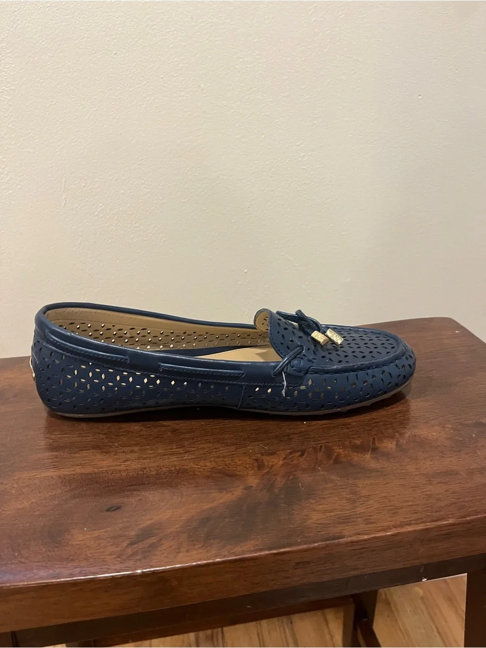 Michael Kors Navy Perforated Leather Loafers with Bow Accent